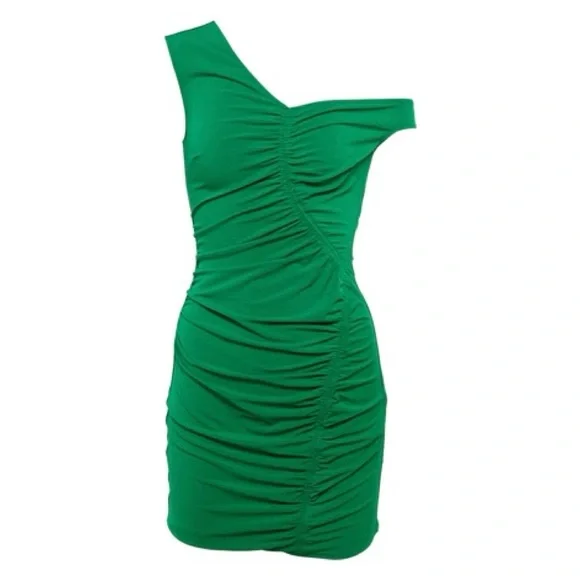 NEW Self-Portrait Bright Green One Shoulder Ruched Mini Dress - Picture 2 of 10